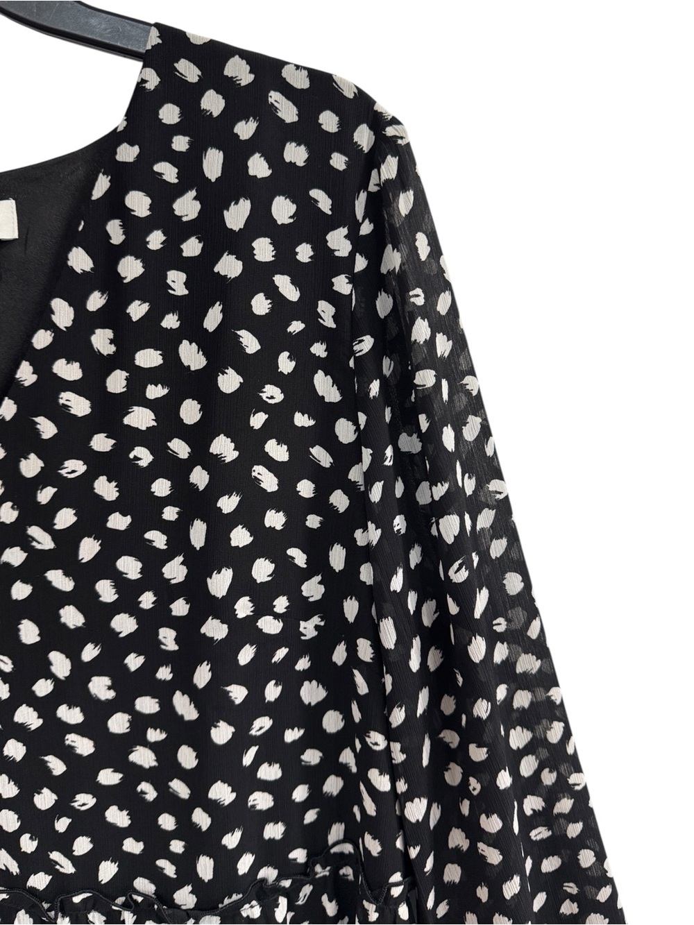 Crew Black & White Polka Dot Chiffon Midi Long Sleeve Tiered Ruffle Dress L - Picture 9 of 15